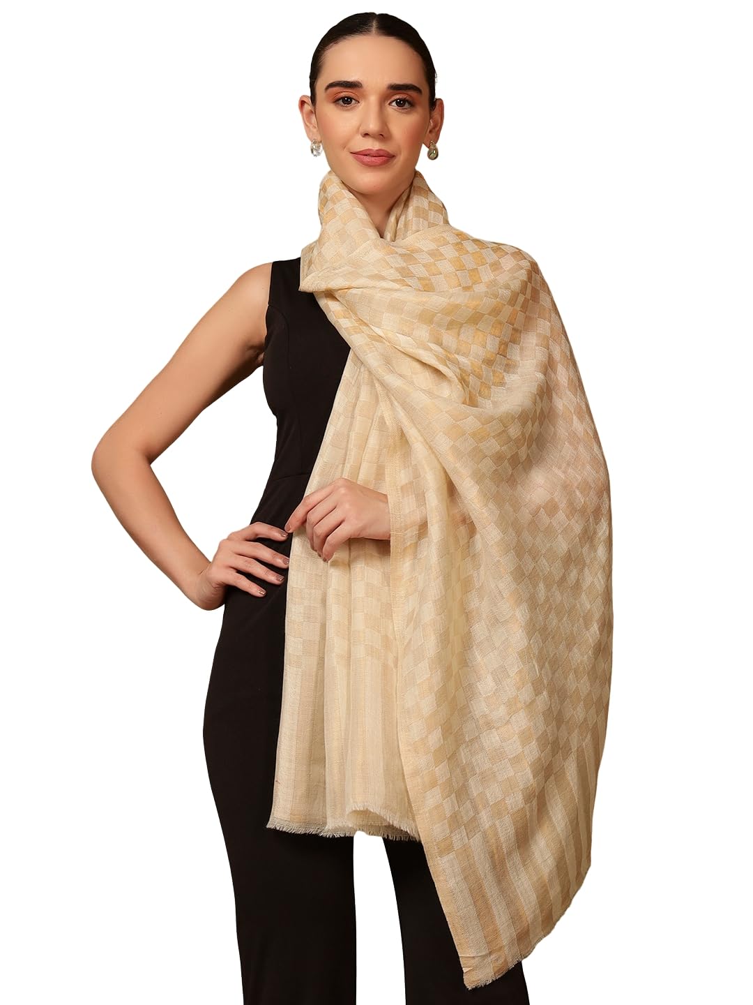 Pashmoda Women Champagne Check Reversible Zari Moonlight Fine Wool Stole (Size : 28x80in, 71X203cm) ZSST02