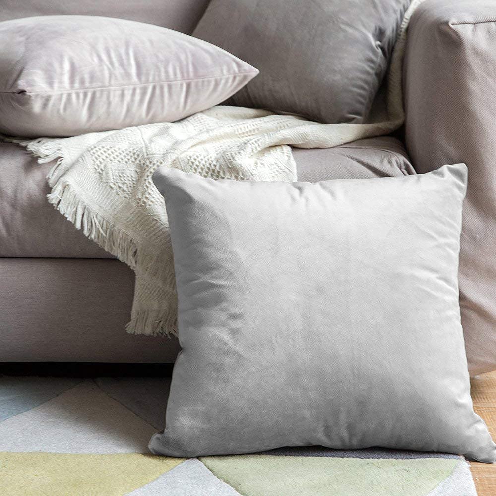 Khooti Decorative Velvet Square Cushion Cover Throw Pillow Cover for Living Room Couch Single Seater Sofa, Colourful Modern 20 x 20 Inches / 50.8 x 50.8 cm (Colour - Light Grey)(Set of 2 Pieces)
