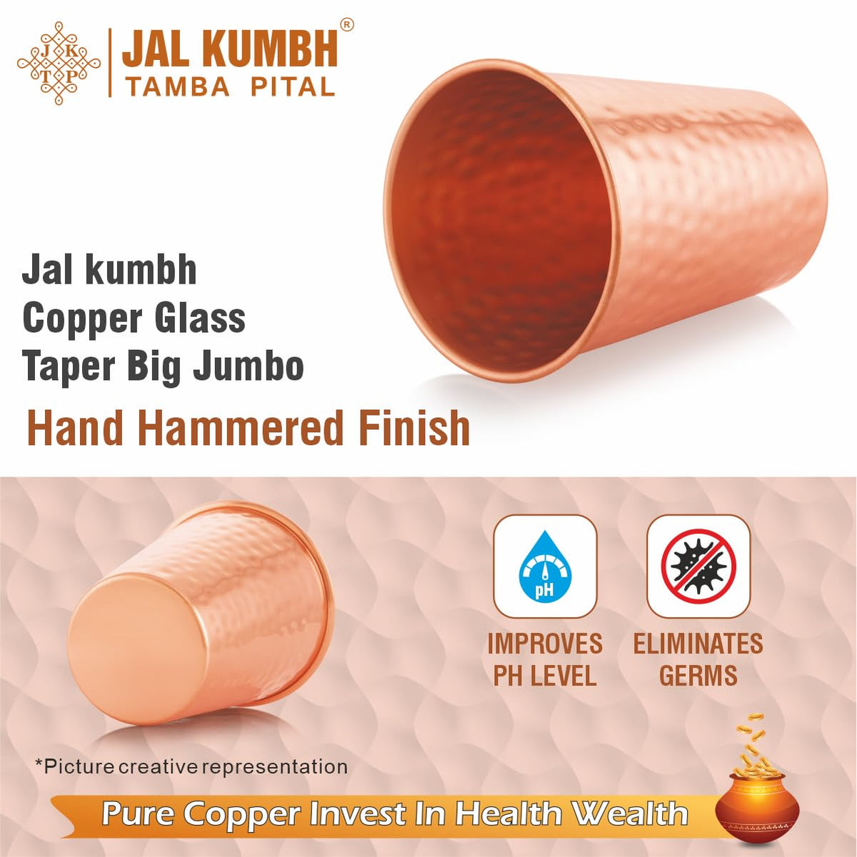 Jalkumbh Pure Copper Glasses Tapper Big Jumbo Water Glass Pure Tamba Glass for Drinking & Serving Water Tumbler-350 ML