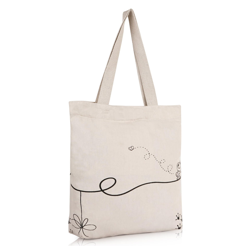 Half Moon Canvas Tote Bag Aesthetic Reusable Cotton Bags for Women Ladies Girls for School, College, Office, Travel Large Printed Design Eco-Friendly Shopping Bag for Everyday Use (Frog & Bee)
