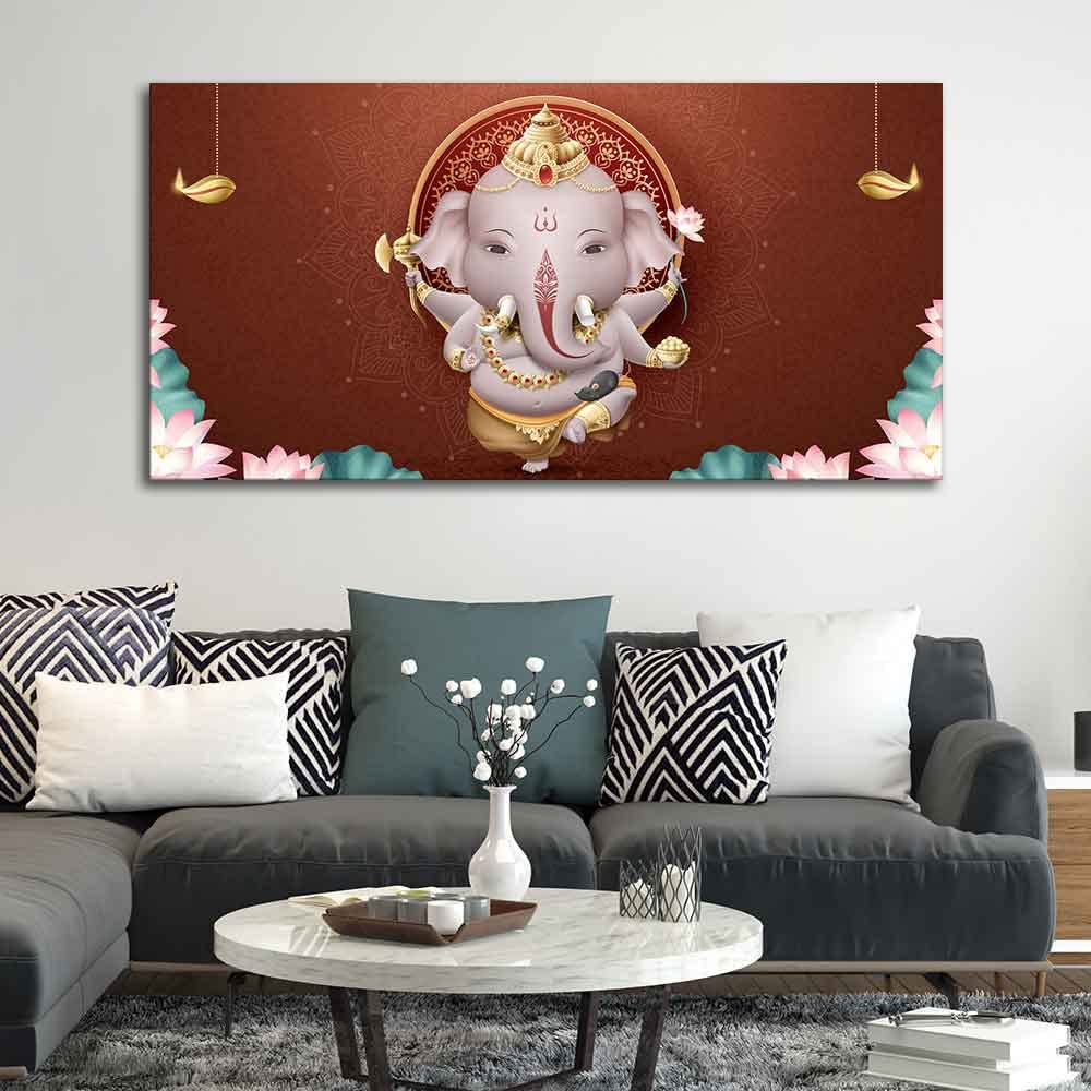 VIBECRAFTS Canvas Paintings for Living Room Drawing Room Devotional Ganesha Canvas Wall Painting for Home|Office|Gift(PTVCH_2372)