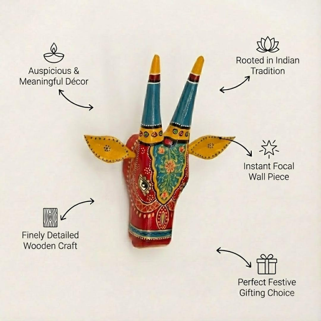 ATRANGI STUDIO Handpainted Wooden Cow Head Wall Decor | Ethnic Wall Art | Symbol of Prosperity | Wall Hanging for Home, Temple & Puja Room | Ready to Hang | 12 Inch, Red