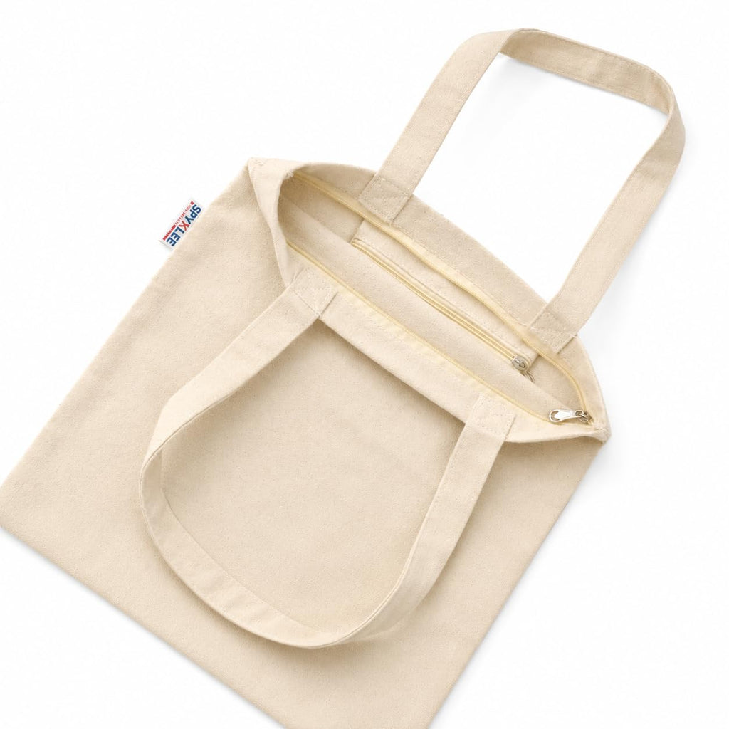 SPYKLEE Reusable Cotton Canvas Tote Bag with Zip Closure and Long Handles | Eco-Friendly Shopping Bag | Durable Washable Shoulder Tote for Office, Grocery, Travel & Daily Use - 14x16x4Inch (2Pcs)