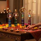 Lamcy Plaza Metal Rajasthani Kalbelia Tea Light Doll - 14 Inch (Set of 4) | Multicolour Antique Decorative Candle Holder for Home Decor, Living Room, Bedroom