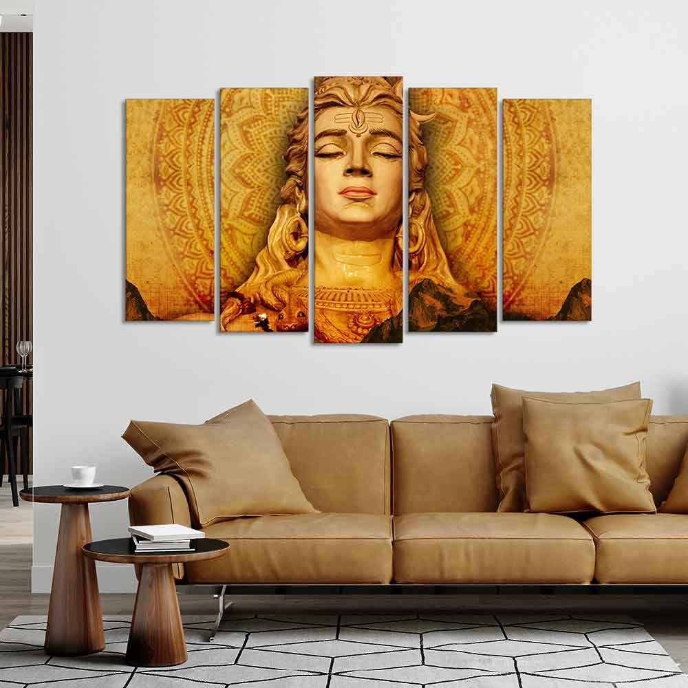 VIBECRAFTS Spiritual Shiva Canvas Wall Painting of Five Pieces Set For Home|Office|Living Room|Gift (PTVC5Pcs2_6611)
