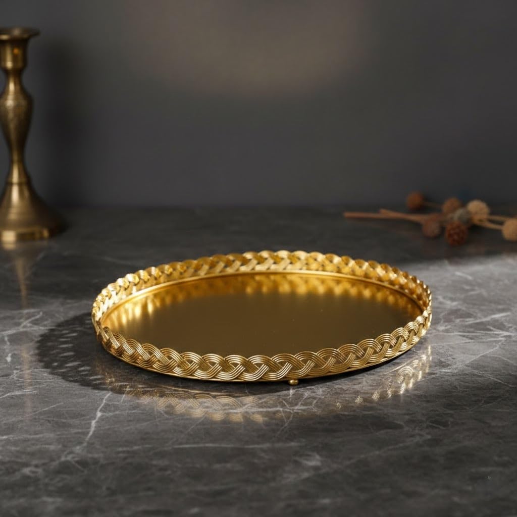 Luxury Gold Round Decorative Serving Tray - 12-Inch Ornate Braided Metal Vanity Tray with Mirror-Finish for Coffee Table, Ottoman, Home Decor - Ideal for Afternoon Tea, Jewelry, or Dessert Display