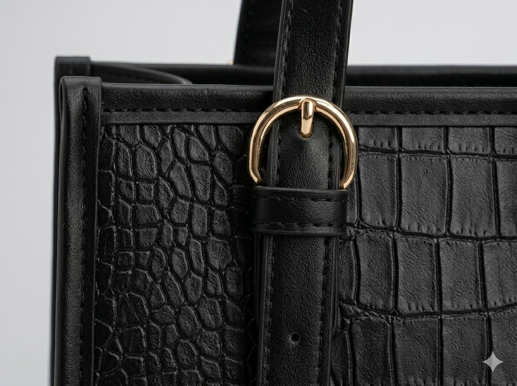 Pavilonn Women Handbag PU Leather Tote Purse Stylish Shoulder Office Bag Black Structured Croco Pattern Ladies Fashion Shopping Handbag Daily Use College Gift (BLACK)