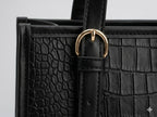 Pavilonn Women Handbag PU Leather Tote Purse Stylish Shoulder Office Bag Black Structured Croco Pattern Ladies Fashion Shopping Handbag Daily Use College Gift (BLACK)