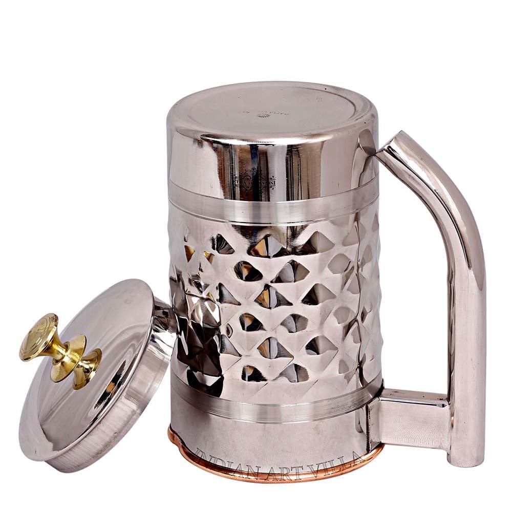 Indian Art Villa Diamond Hammered Steel Copper Jug Picther with Brass Knob, Serveware, 1200 ML