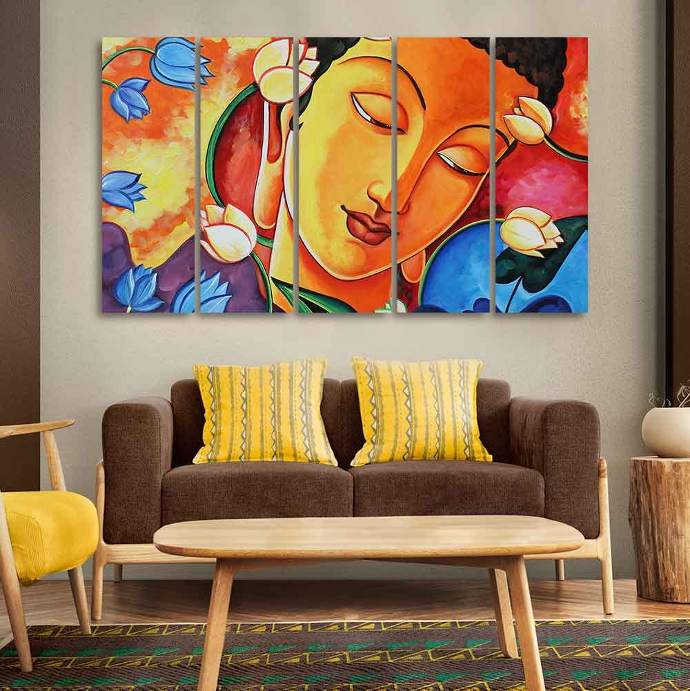 VIBECRAFTS Abstract Wall Painting of Spiritual Buddha Set of Five For Home|Office|Living Room|Gift (PTVC5Pcs4_8697)
