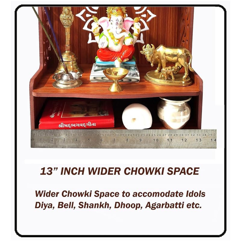 Gojeeva Wood Hand Crafted Om Carved Pattern with LED Spot Light Home Temple l Pooja Temple for Office l Puja Ghar l Hanging Stand for Puja (Brown-5) (Pack of 1)