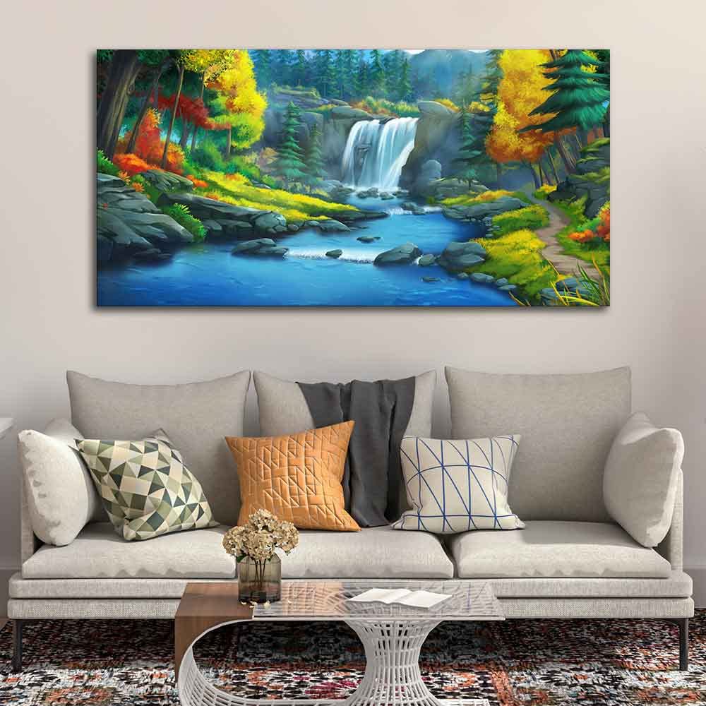 VIBECRAFTS Canvas Paintings for Living Room Drawing Room A Beautiful Scenery of Waterfall In Forest Canvas Wall Painting for Home|Office|Gift(PTVCH_2379N)