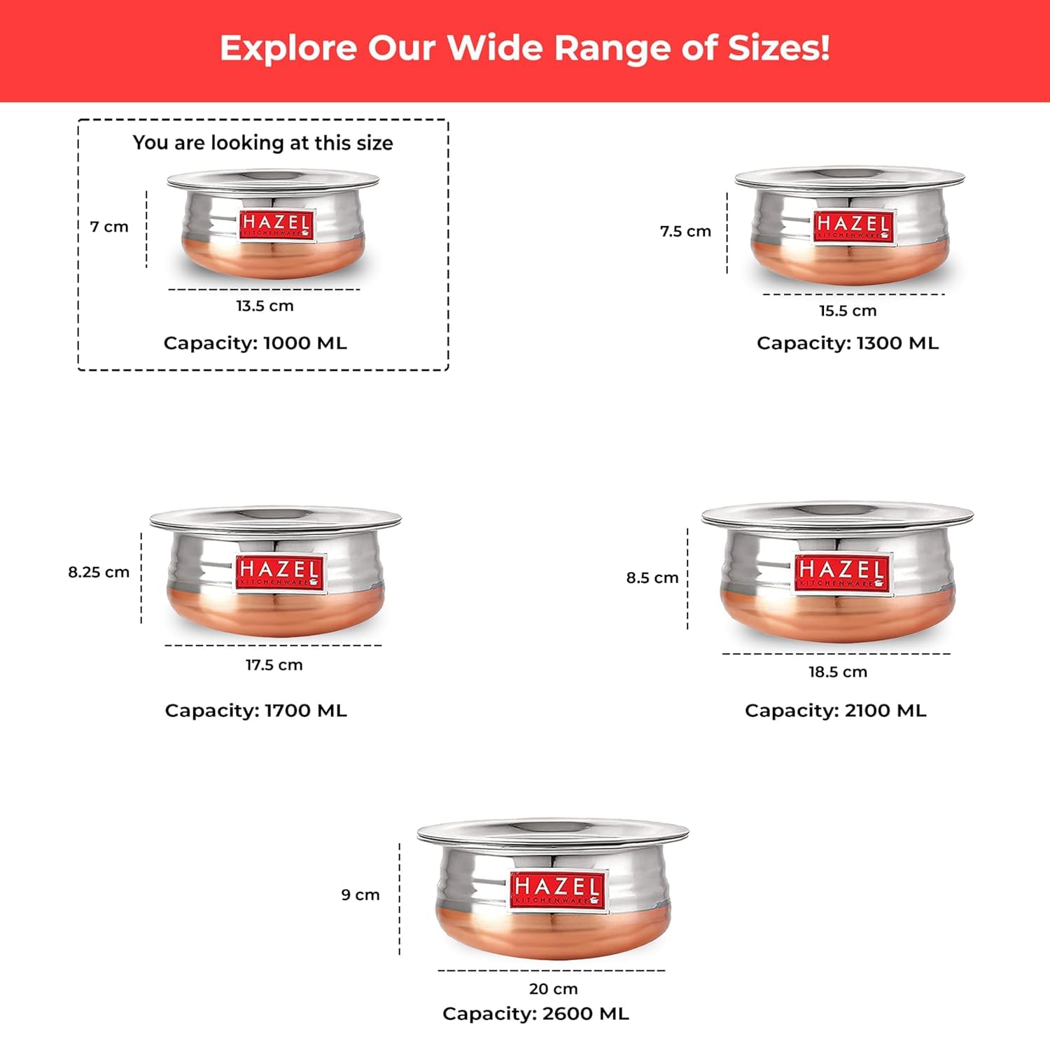 HAZEL Copper Bottom Uruli with Lid | Stainless Steel Urli Vessel for Cooking | 1000 ML Steel Kitche Cookware