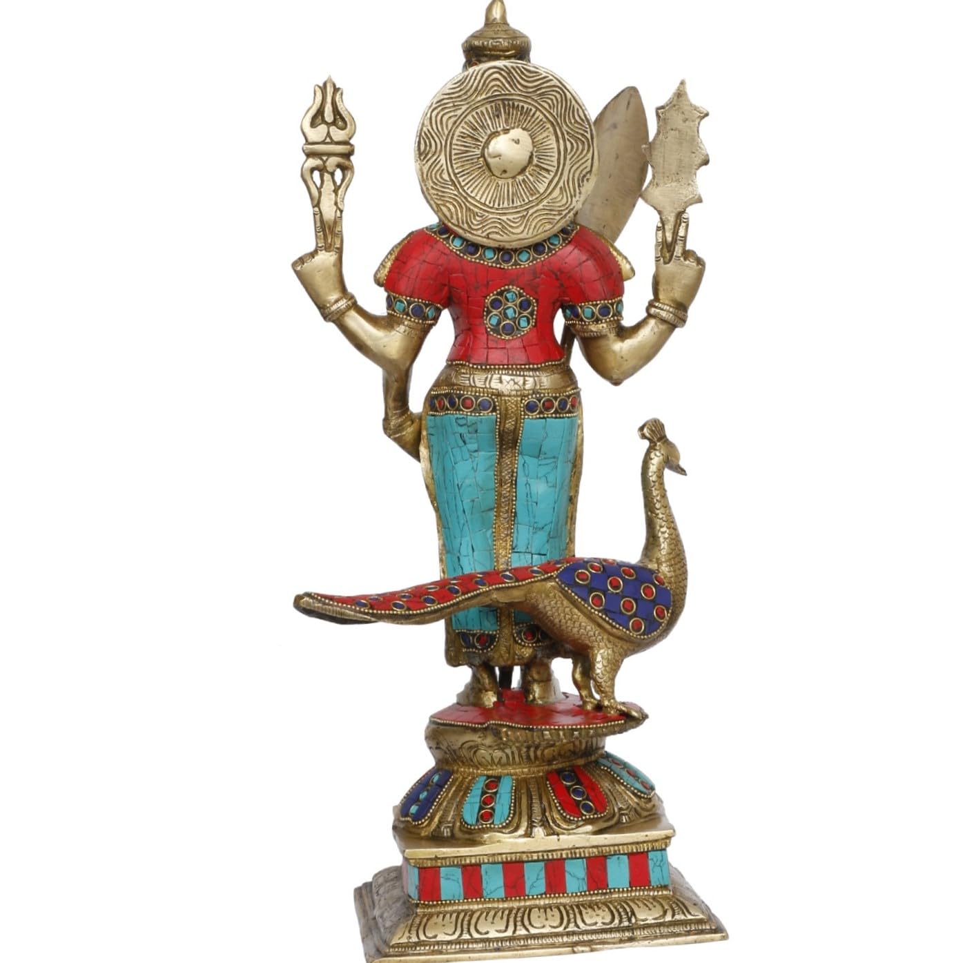 ARTVARKO Lord Murugan Kartikeya Murugana Kumaraswamy Karthikeya Multicolor Big Brass Standing Idol with Peacock Swaminatha Skanda Murti Swami Ji Subrahmanya Swamy Height 18 Inch