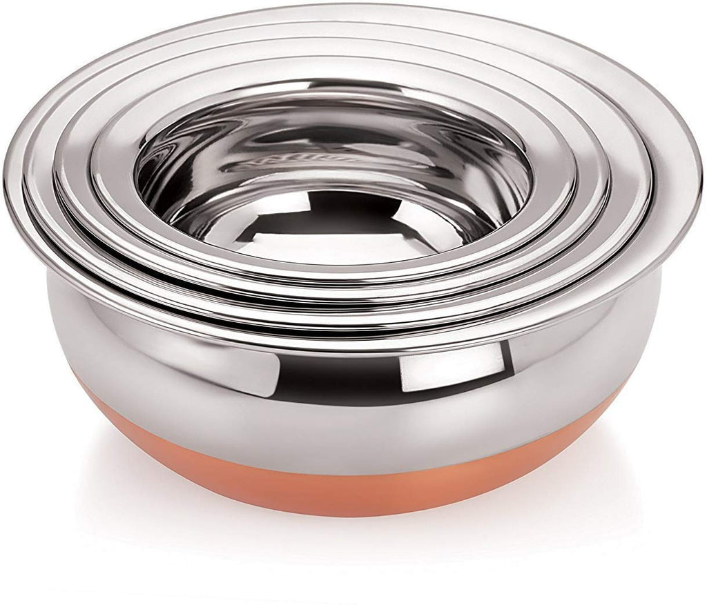 GlamourShop Stainless Steel Copper Base Serving Bowls Handi Set of 3 Pieces, Handi Set with Serving Bowl Set/Cookware Set/Sauce Pot and Handis (3 Handi Without Lid's)