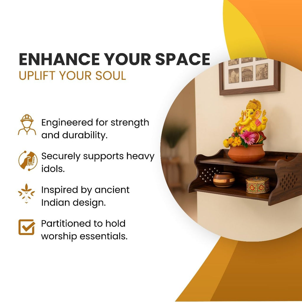 HOMEWEY DECOR Handcrafted Wooden Home Temple for Wall Mount | Premium Pooja Mandir with Strong Support for Heavy Idols | Luxurious Finish Wooden Mandir for Home Office and Prayer Room (Style-03)