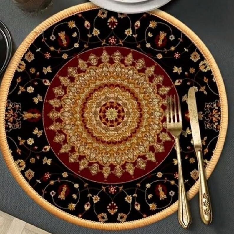 HomeCloud Round Printed Jute Placemat 20x20Cm | Heat-Resistant Table Mat with Anti-Skid Rubber Back | Decorative Dining, Centre & Coffee Table Mat (Gold_Black, Pack of 4) Kafalo