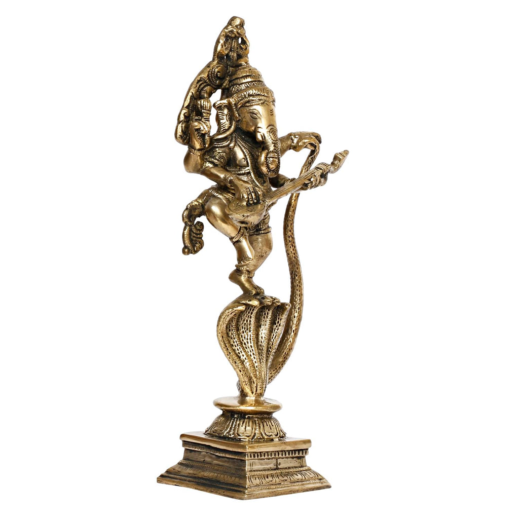 ARTVARKO Brass Dancing Ganesha Statue Ganesh on Shesh Naag Hood Murti Vastu Religious Figurine for Mandir, Living Room, Office Table and Home Decor 10.5 Inch
