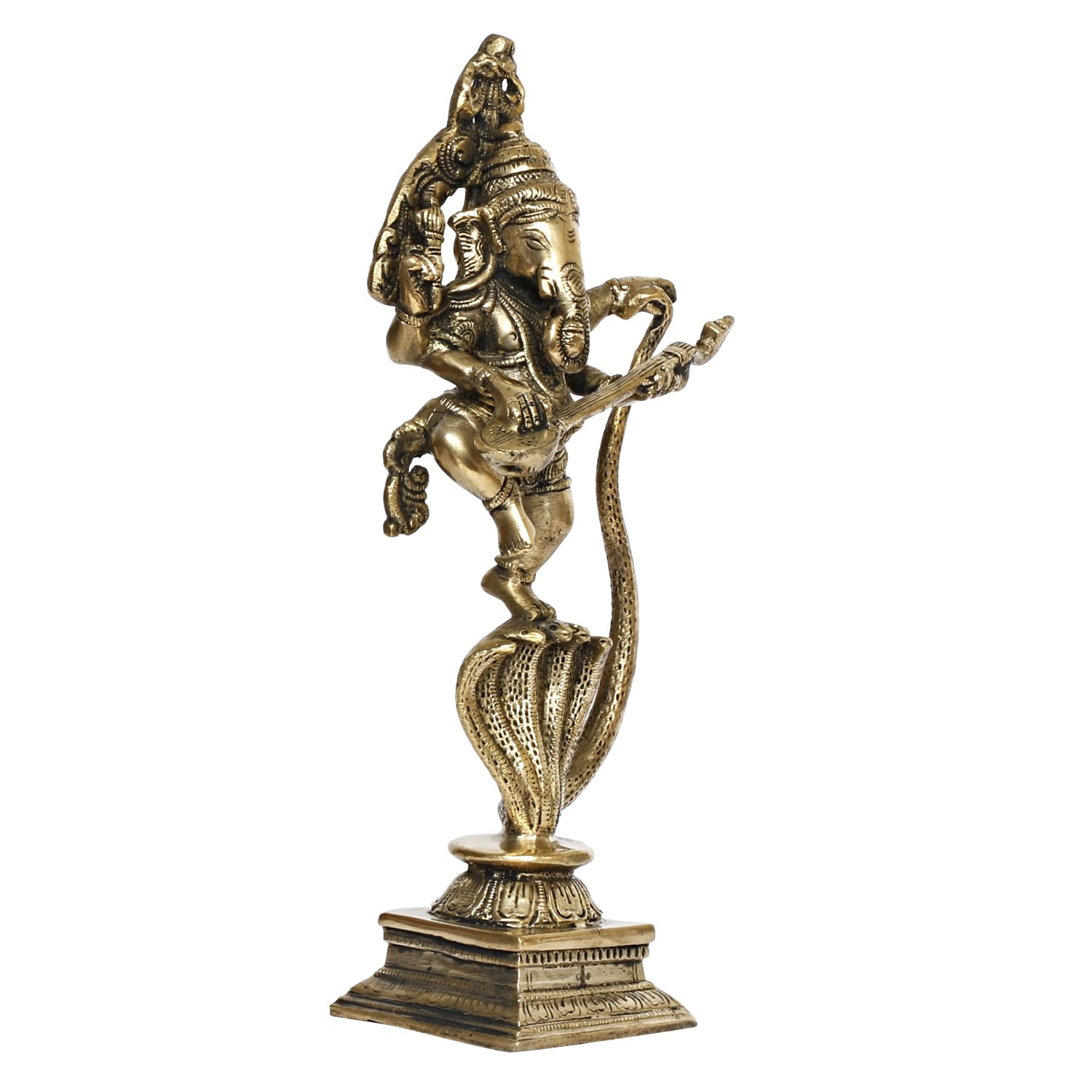 ARTVARKO Brass Dancing Ganesha Statue Ganesh on Shesh Naag Hood Murti Vastu Religious Figurine for Mandir, Living Room, Office Table and Home Decor 10.5 Inch