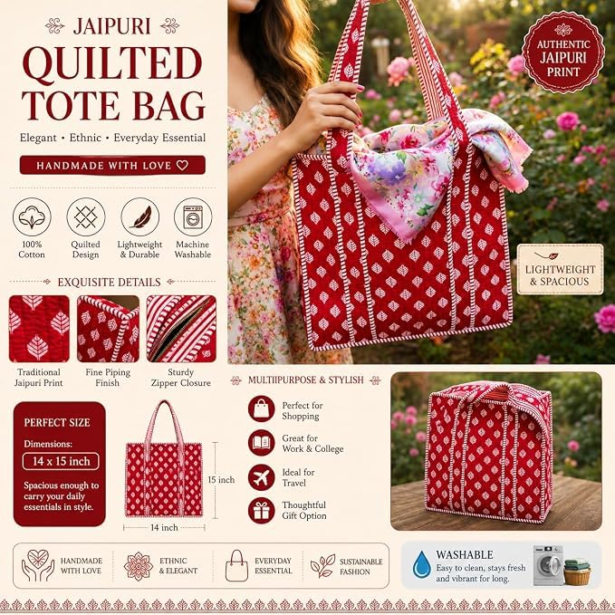 THREADORA LIVING Block Print Cotton Tote Bag for Women – Large Reusable Canvas Shopping Bag with Durable Handles, Traditional Hand Block Printed Design – Multipurpose Grocery, Travel & Everyday Bag