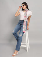 Ravaiyaa - Attitude is everything Female Cotton Women Off White & Pink Hand Block Floral Printed Scarf 71 X 21 Inch