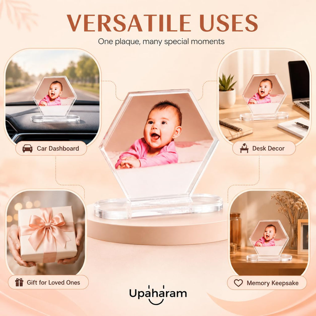 UPAHARAM Customized Acrylic Car Dash Plaque | 5mm Thick Car Dashboard with Your Custom Photo, Size: 10 * 11 * 3 inches| HD UV Printing Customized Photo Frame | Car Accessories Gift (Hexagonal)