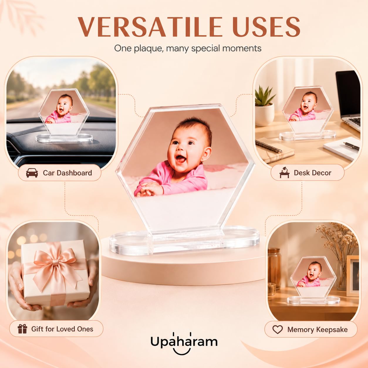 UPAHARAM Customized Acrylic Car Dash Plaque | 5mm Thick Car Dashboard with Your Custom Photo, Size: 10 * 11 * 3 inches| HD UV Printing Customized Photo Frame | Car Accessories Gift (Hexagonal)