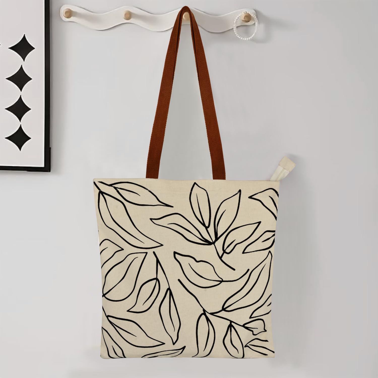 StyleMyWay Large Cotton Designer Canvas Tote Bag with Zip, Inner Pocket for Shopping, Office & Daily Use (Abstract Black & White) | College Bag for Girls | Travel & Beach Bag
