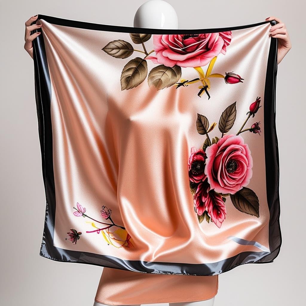 JJ's Imported Satin Silk 90x90 cm Stylish Fashion Floral Design 99 Scarf, Head & Hair Wrap (Covering) For Girls, Women and Ladies. (Peach)