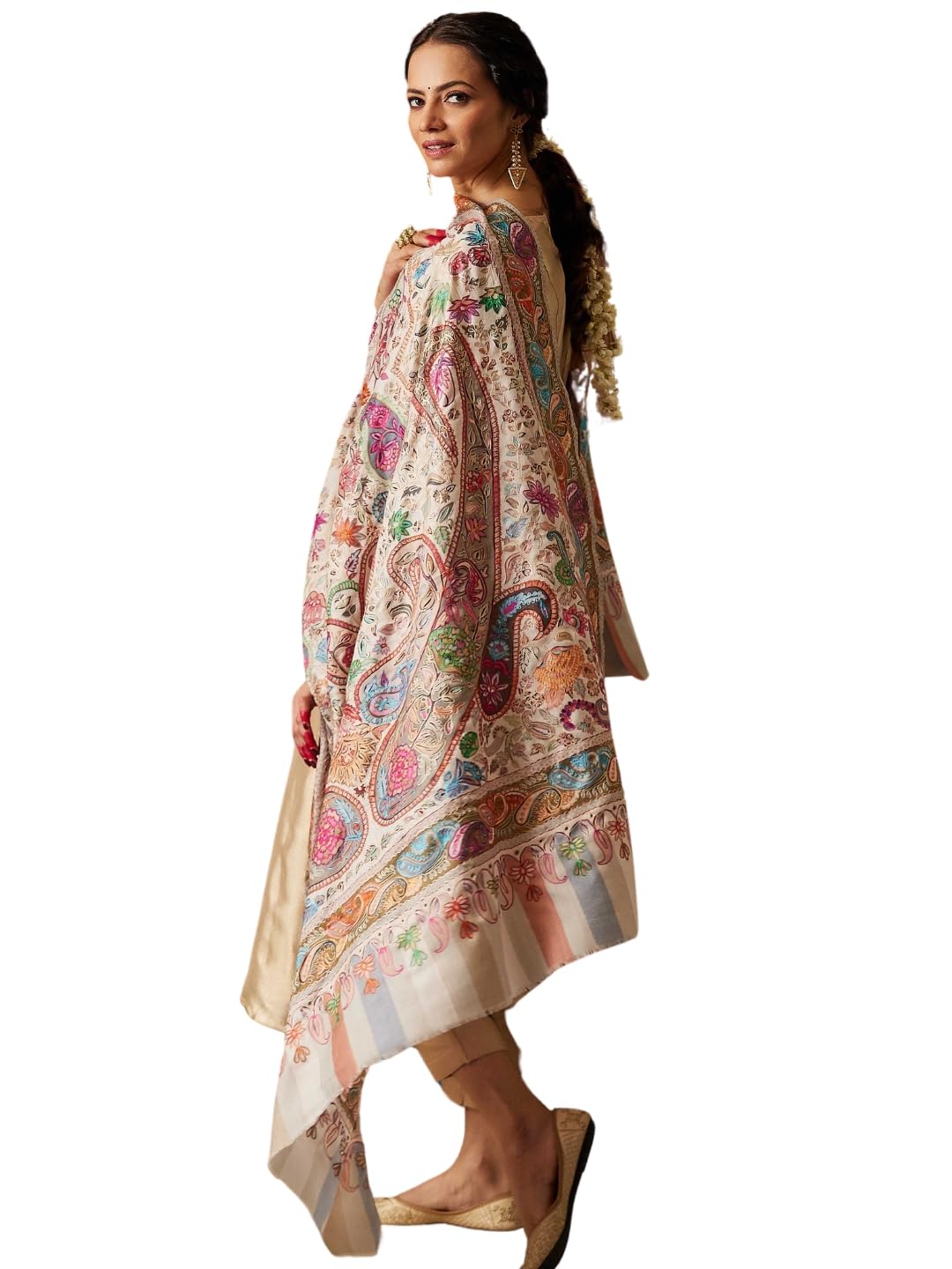 Pashmoda Women Naaz Fine Wool Fabric Pashmina Kalamkari Embroidered Shawl, Stole and Wrap, Sustainable and Natural Fabric, Heritage Kashmiri Pashmina(Size 40x80)