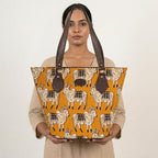 MUMBAI AT HERITAGE Adaa Women's Canvas Tote Bag with Traditional Pichwai Cow Motif Print, Large Capacity Shoulder Handbag with Faux Leather Straps for College Office Travel, Mustard Yellow