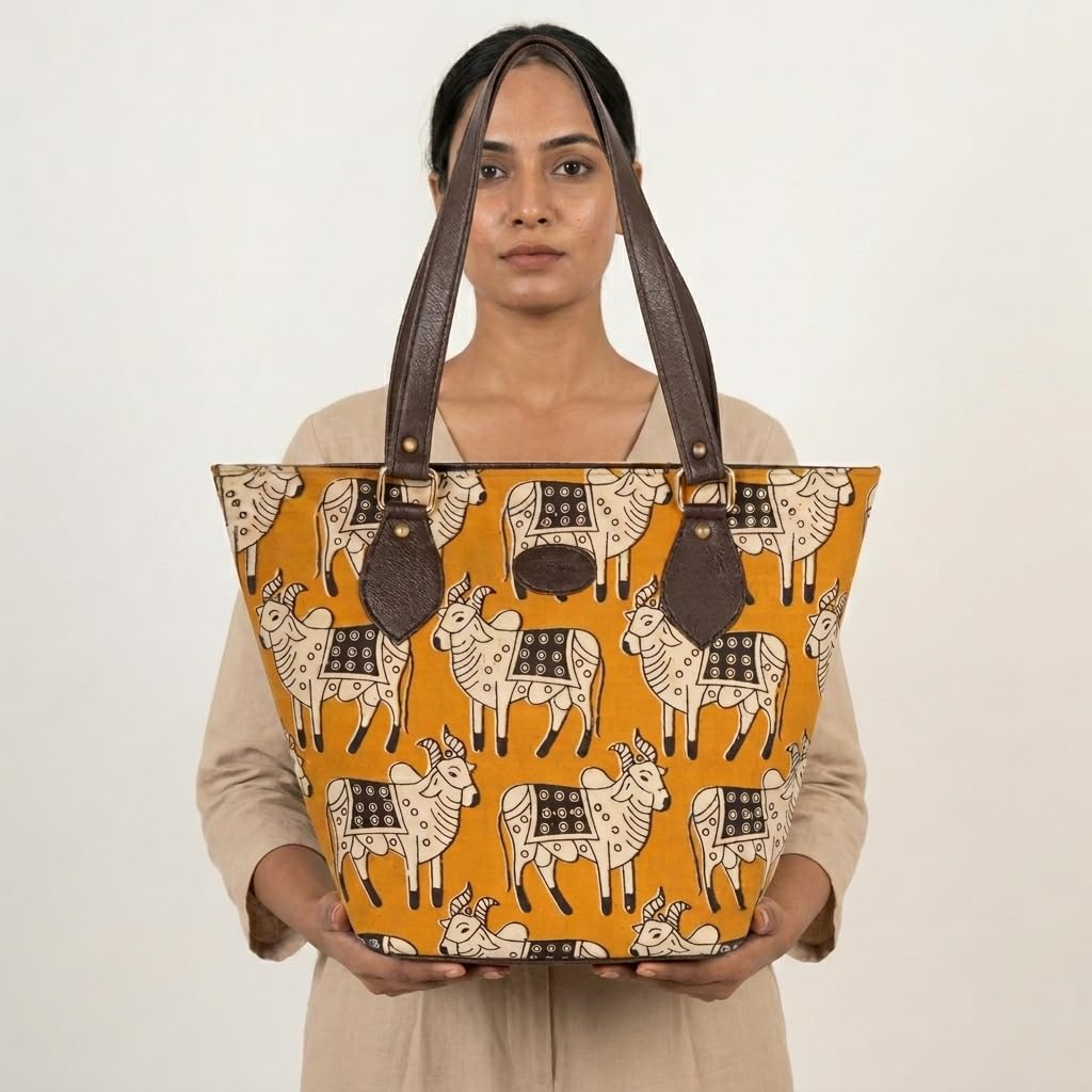 MUMBAI AT HERITAGE Adaa Women's Canvas Tote Bag with Traditional Pichwai Cow Motif Print, Large Capacity Shoulder Handbag with Faux Leather Straps for College Office Travel, Mustard Yellow