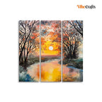 VIBECRAFTS Homcraft Beautiful Sunset At River 3 Pieces Canvas Wall Painting Fitted With Wooden Frame For Home | Office | Living Room | Gifts (PTVC3Pcs1_9522)