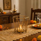 Stelluxe Geometric Gold Tealight Candle Holder with Glass Votive Cup, Modern Metal Lantern Style Candle Stand, Decorative Table Centerpiece for Home Decor, Wedding, Festival and Gift