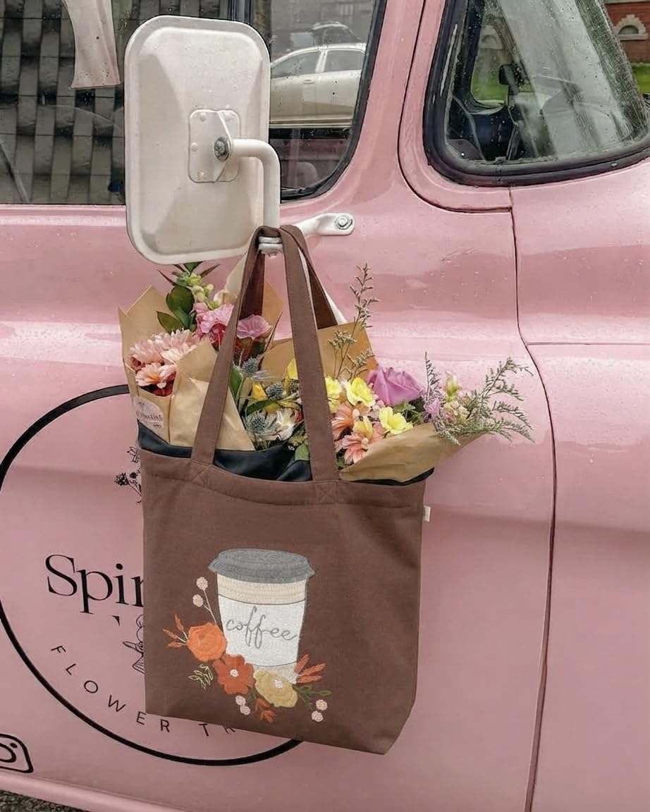 MASQ Premium ToteBag for Women with Zipper | Embroidered Foldable Shoulder Bag with Multiple Pockets | Spacious Handbag for College & Office | Eco-Friendly & Reusable (AP_TB_Coffee_Adict_01)