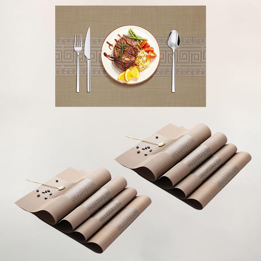 Lellow Woven Vinyl Stylish Washable Dining Table Placemats - (Peanut Brown, Pack of 8) Kafalo