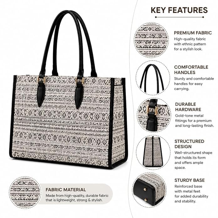 Women’s Printed Tote Bag | Large Shoulder Handbag for Office, Shopping, Travel & Daily Use | Stylish Black & White Carry Bag