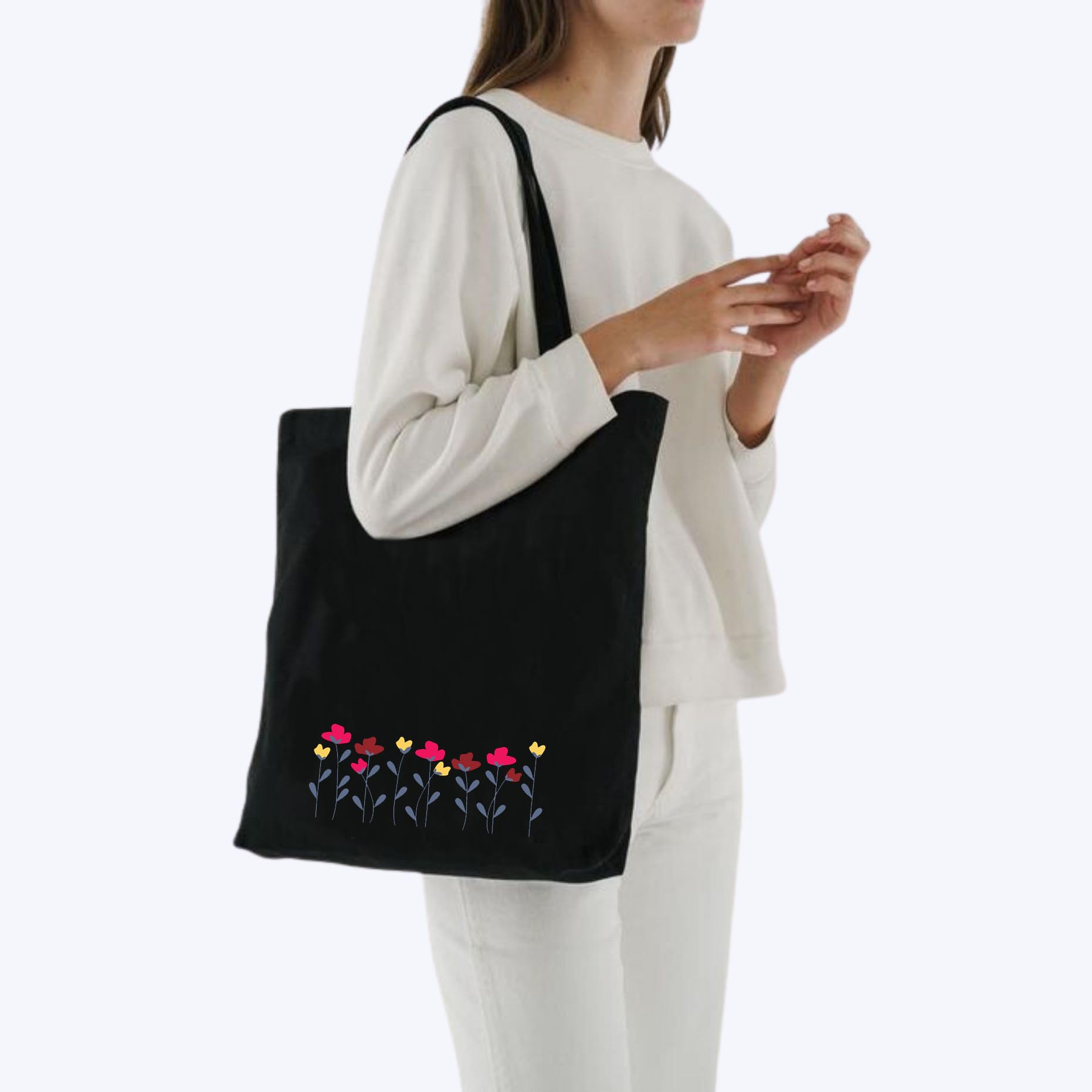Peach Blossom Reusable Zipper With Pouch Tote Bags, 100% Cotton Shopping/Grocery Bag, Multi-Purpose Bag 5kgs Capacity, 2 Pack (Cbag_BlkStayFear_BlkLineFlow)