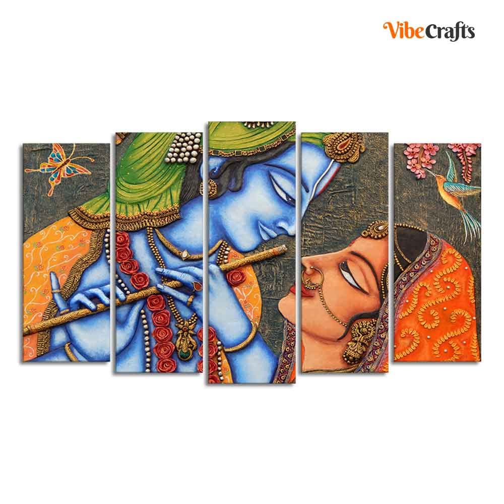 VIBECRAFTS Beautiful Radha Krishna Five Pieces Premium Wall Painting For Home|Office|Living Room|Gift (PTVC5Pcs2_6537)