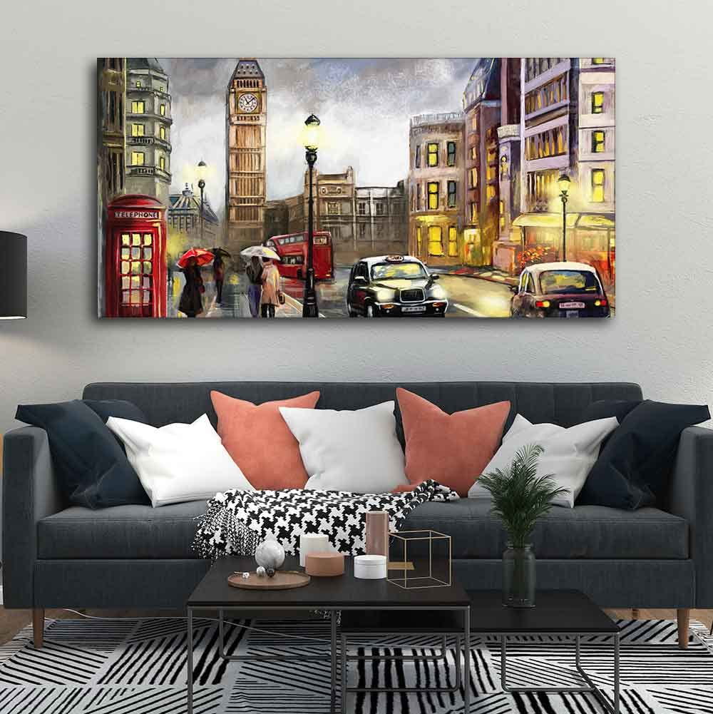 VIBECRAFTS Canvas Paintings for Living Room Drawing Room Street view of London Premium Wall Painting Fitted with Wooden Frame for Home|Office|Gift(PTVCH_2264)(48 x 24 Inches)
