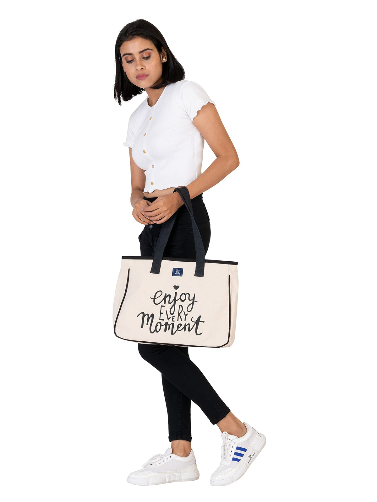 AQVA Cotton Tote Bag for Women & College Girls | Black and white Handbag with Weekend Vibes print | Trendy Western Style Handbag with Zip | Canvas Bag for Shopping, Travel and Office.(Moment)