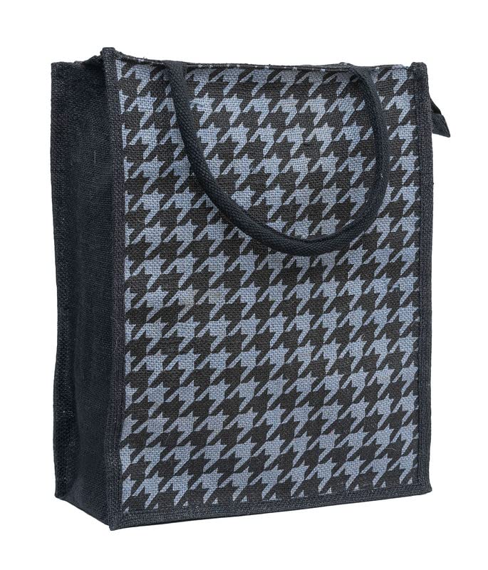 JUTEKA Teal Blue Houndstooth Printed Jute Lunch Bag - Grocery, Tote, Hand, Picnic Bag for Men, Women, Girls, Kids with Zip