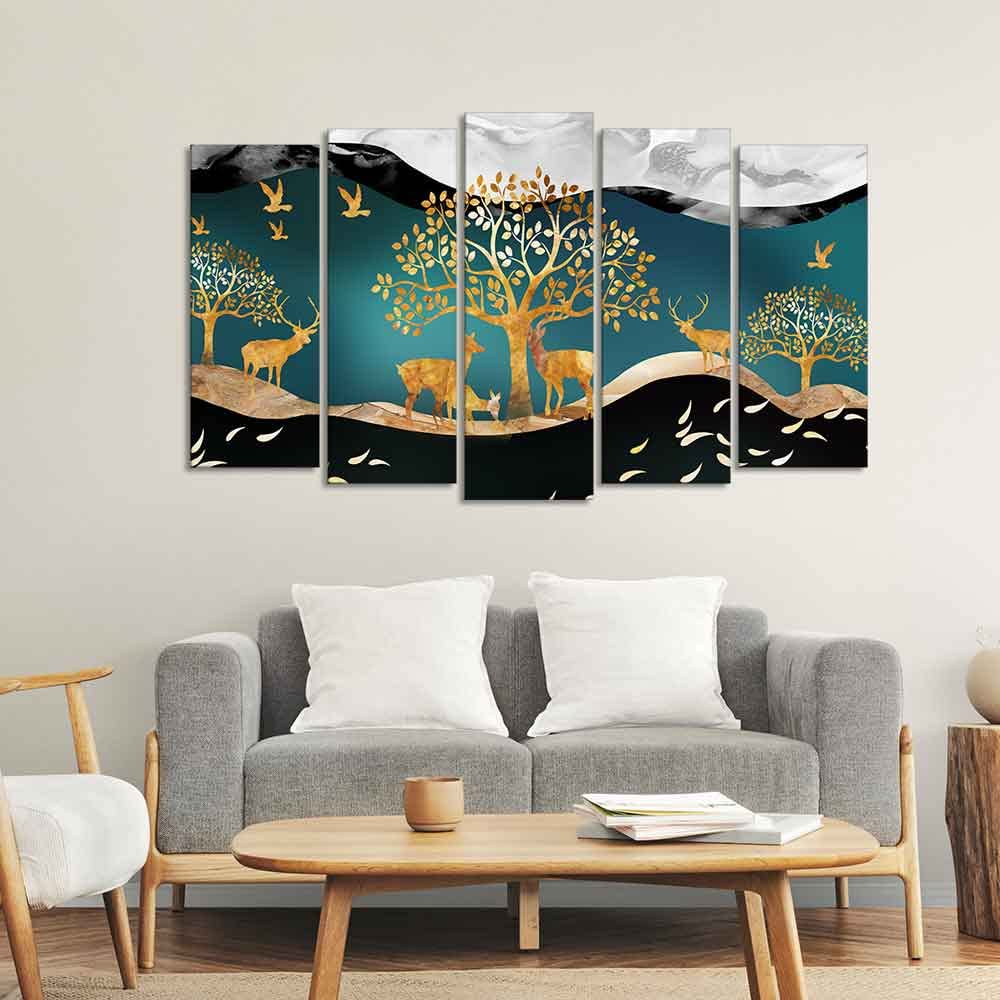 VIBECRAFTS Trees and Deer Canvas Wall Painting Set of Five Pieces For Home|Office|Living Room|Gift (PTVC5Pcs2_6572)