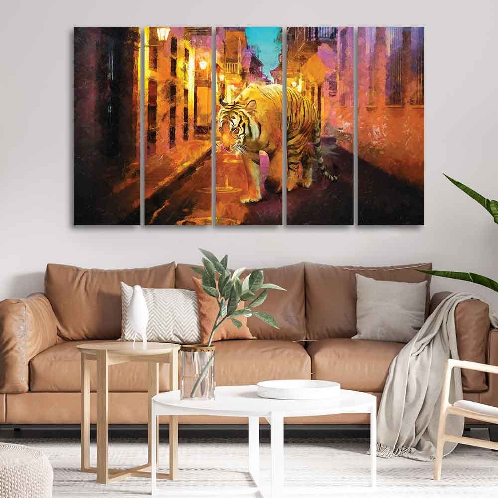 VIBECRAFTS Abstract Art Tiger Walking on Street Five Pieces Canvas Wall Painting For Home|Office|Living Room|Gift (PTVC5Pcs4_8660)