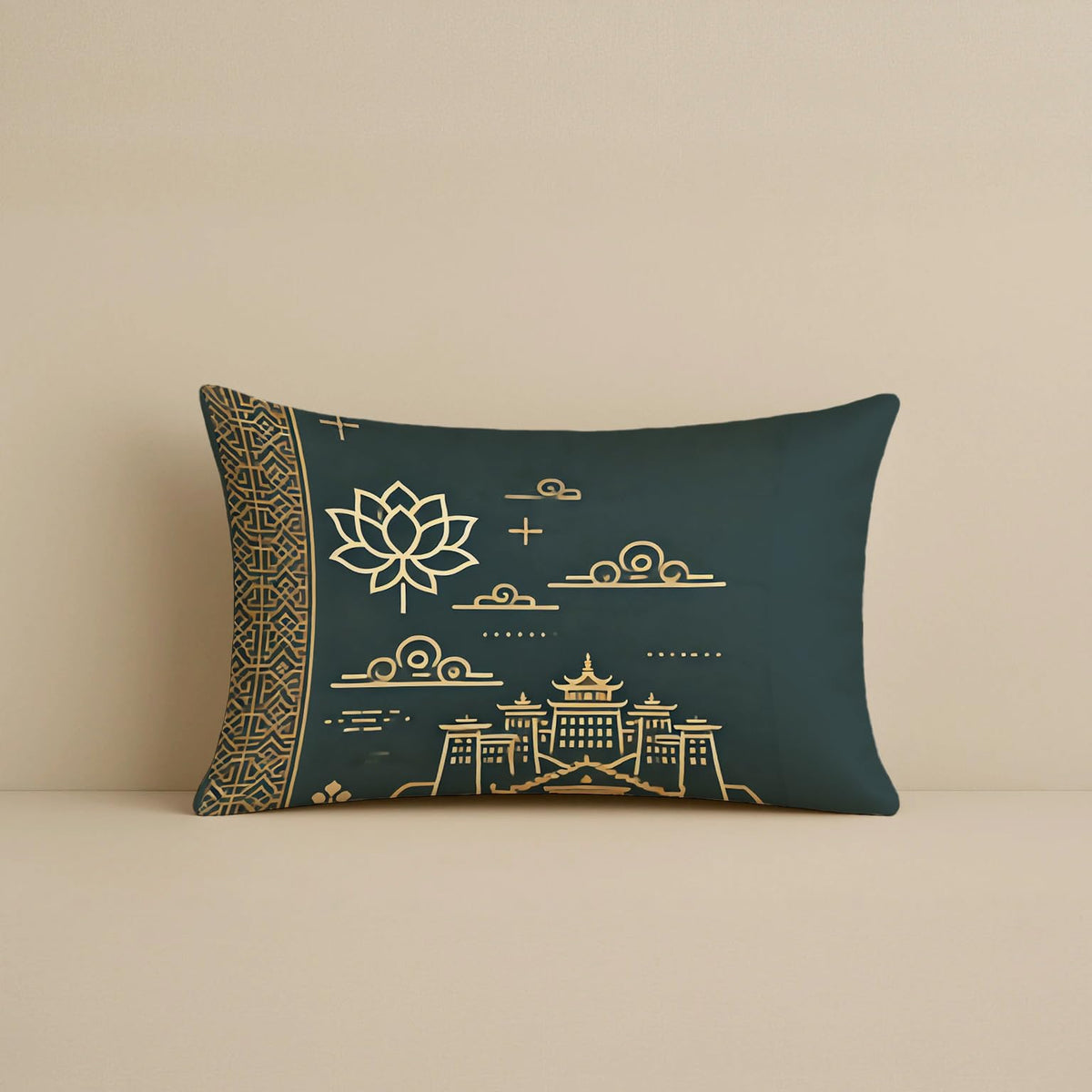 STITCHNEST Satin Cushion Covers with, Lotus & Gold Detailing – 12x18 Inch Decorative Pack of 2 for Living Room, Drawing Room, or Modern Ethnic Home Decor