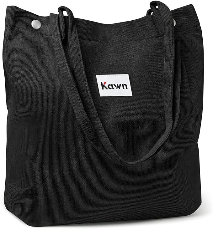 Kawn Women Corduroy Western Tote Bag Canvas Shoulder Cord Purse Reusable Shopping Bag Grocery Bag Large Capacity Washable Handbag Girls Shoulder Bag With Inner Pocket For Daily Use Work Travel (Black)
