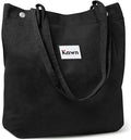 Kawn Women Corduroy Western Tote Bag Canvas Shoulder Cord Purse Reusable Shopping Bag Grocery Bag Large Capacity Washable Handbag Girls Shoulder Bag With Inner Pocket For Daily Use Work Travel (Black)