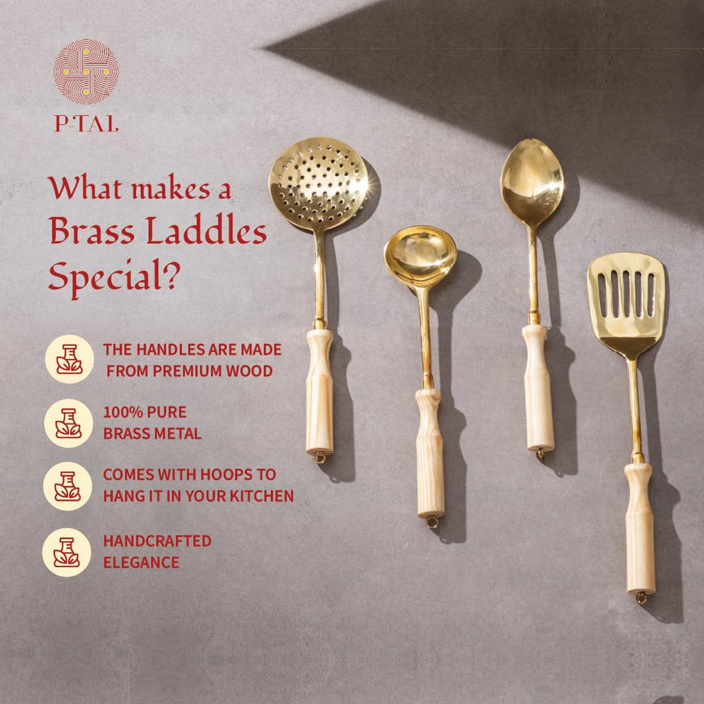 P-TAL Brass Ladle Set for Kitchen Ptal Brass Utensils Serving and Kitchen Tools Scoop Ladle Skimmer Serving Spoon Spatula Set of 4 (Free 30ml Copper & Bras Cleaning Solution)
