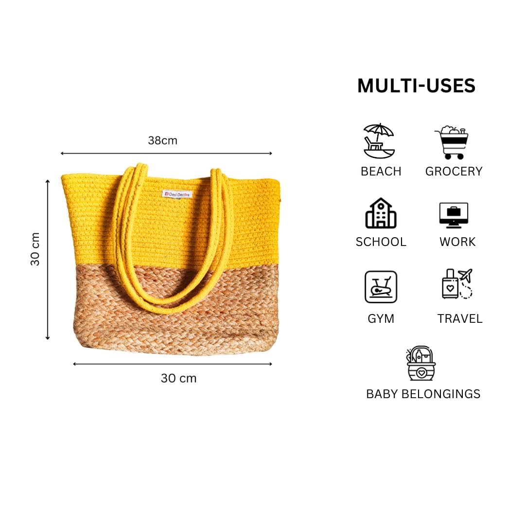 Desi Decore™ Handmade Jute Handbag For Women| Large Cotton Tote Bag | Shoulder and Bucket bag | Beach Bag for Women | Grocery Bag (Yellow)