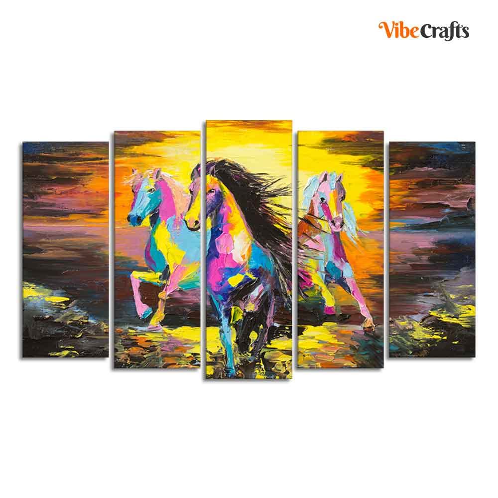VIBECRAFTS Three Running Horses Abstract Art Five Pieces Canvas Wall Painting For Home|Office|Living Room|Gift (PTVC5Pcs2_6520)